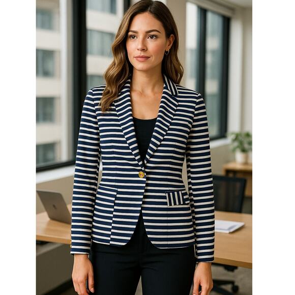 Lauren Ralph Lauren NWT Navy White Striped Cotton Blazer Women’s XL - Picture 1 of 13